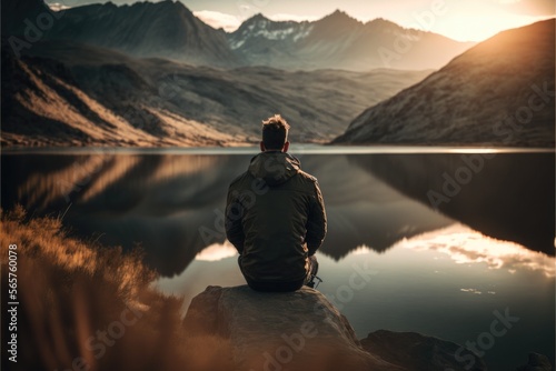 man sitting in front of a lake, Generative AI © ThisDesign