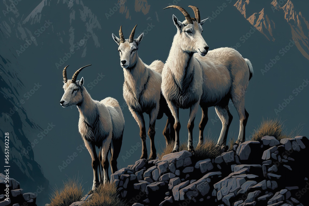 Family of Mountain Goats Gathered on a Rocky Peak - Generative AI Family of Mountain Goats Gathered on a Rocky Peak - Generative AI