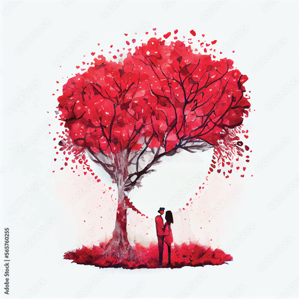 Couple in love hugging and kissing, Watercolor illustration of kissing and hugging couple under a heart tree. Valentine's day.