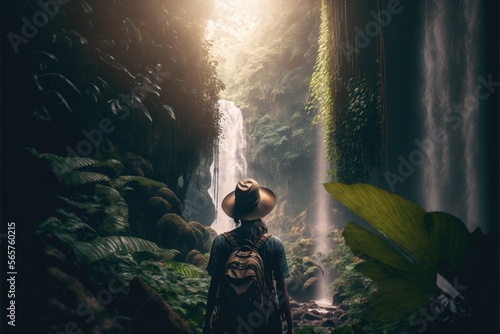 woman in front of a waterfall in a tropical forest, adventure, generative AI