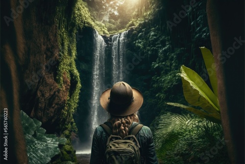 Tableau sur toile woman in front of a waterfall in a tropical forest, adventure, generative AI