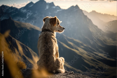 dog sitting at the top of a mountain, Generative AI