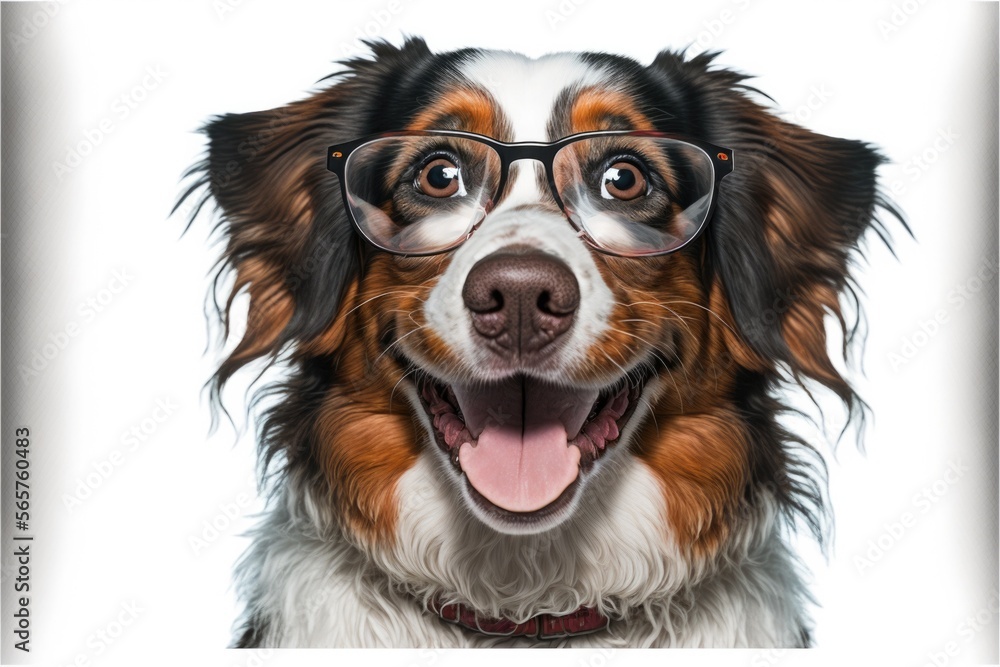 Happy dog smiling with glasses, cute puppy, happy pet, vet day, isolated white background, Generative AI