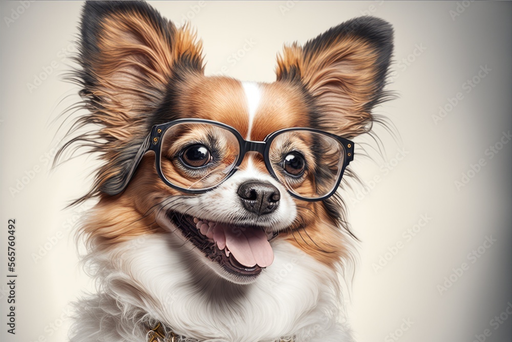 Happy dog smiling with glasses, cute puppy, happy pet, vet day, isolated white background, Generative AI