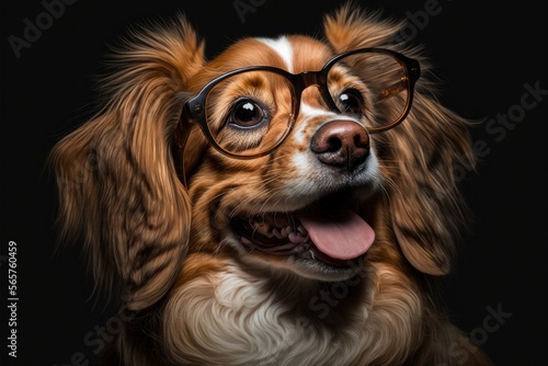 Happy dog smiling with glasses, cute puppy, happy pet, vet day, isolated black background, Generative AI © ThisDesign