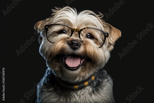 Happy dog smiling with glasses, cute puppy, happy pet, vet day, isolated black background, Generative AI