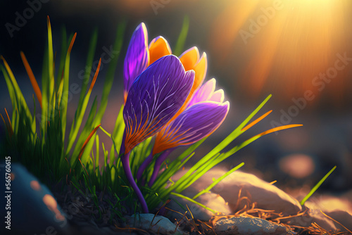 Bright and cheerful crocuses in the spring sunshine. Generative AI illustration