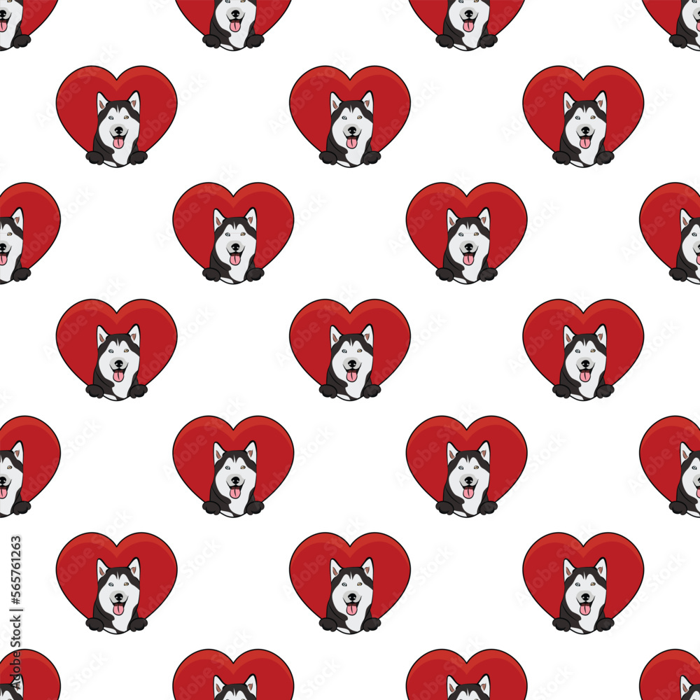 Fototapeta premium Winter Husky dog with paws pattern, Valentine's day heart wallpaper. Love heart with pet head holiday texture. Dog face Holding Heart Cartoon square background. St Valentine's day present paper.