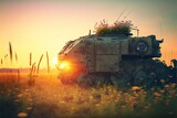 Old tank overgrown with flowers, on a lawn, in the evening, against the backdrop of the setting sun, created with Generative AI technology. Postwar period. Peaceful life concept. No war.
