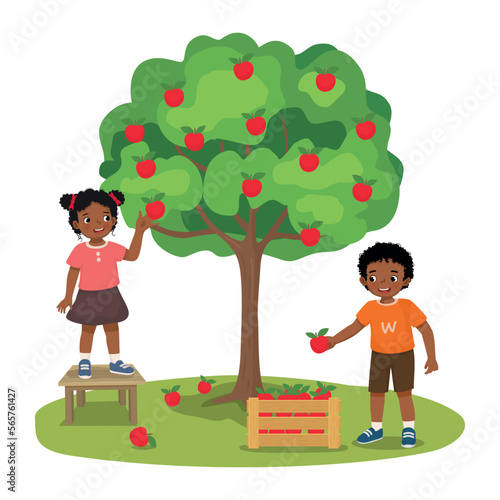 Happy little African kids boy and girl picking apples fruits from the tree in the orchard garden