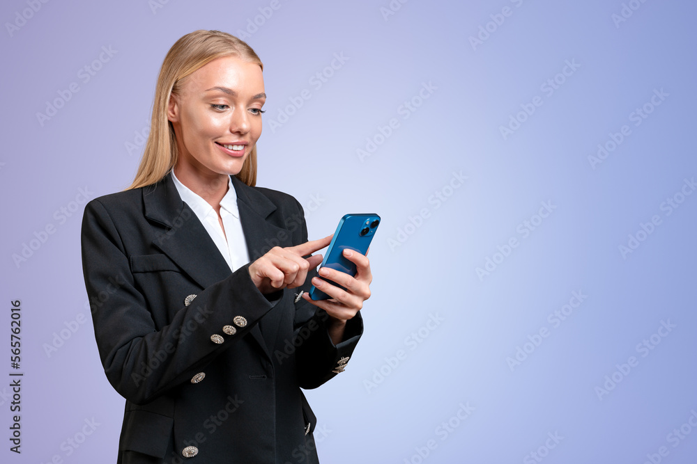 Inspired attractive businesswoman in formal wear standing holdin