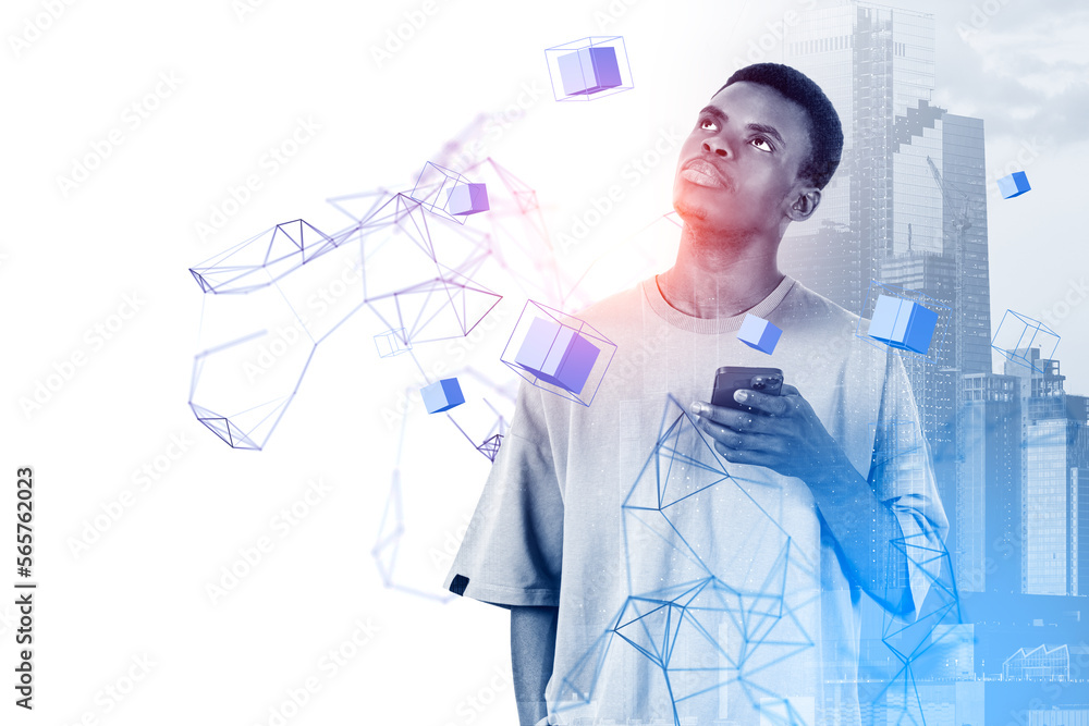 African American businessman holding smartphone and watching at African American businessman holding smartphone and watching at