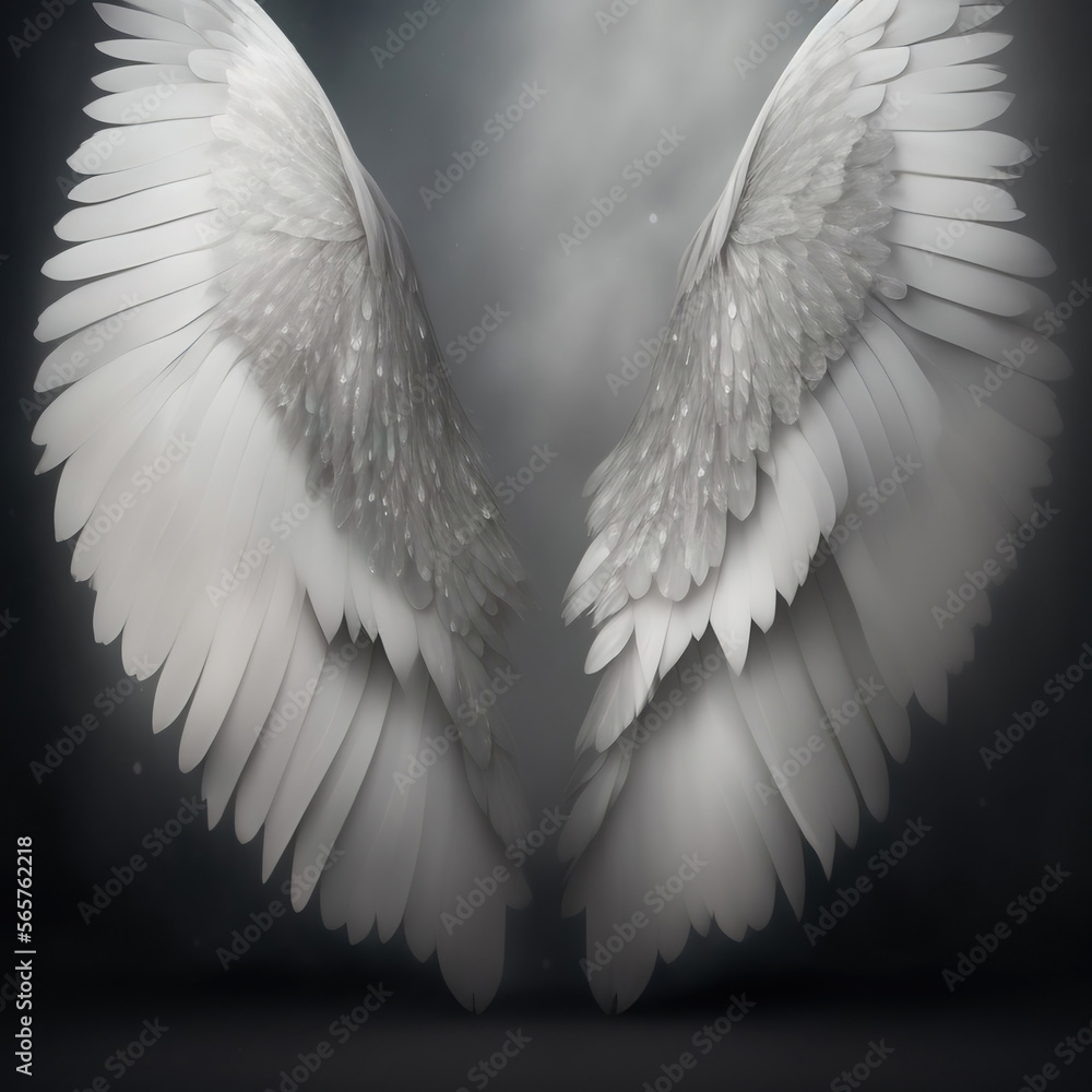 Fototapeta premium Generative AI: Dream like, realistic angel wings background with a white wing of a bird
