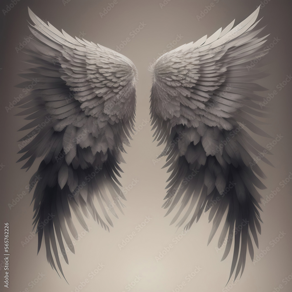 Generative AI: Dream like, realistic angel wings background with a white wing of a bird Generative AI: Dream like, realistic angel wings background with a white wing of a bird
