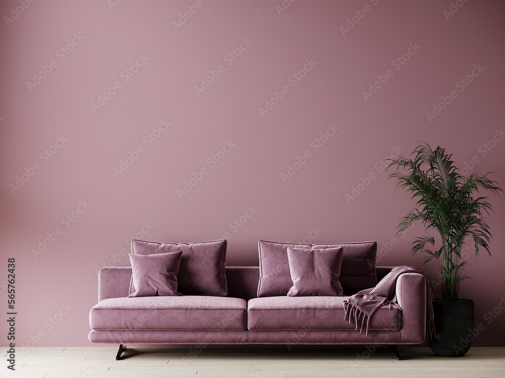 Living room in pink color. Empty wall for art,pictures. Cozy lounge or reception area with a velet sofa. Design modern room - interior mockup. 3d rendering - obrazy, fototapety, plakaty 