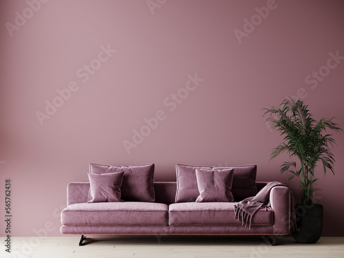 Living room in pink color. Empty wall for art,pictures. Cozy lounge or reception area with a velet sofa. Design modern room - interior mockup. 3d rendering