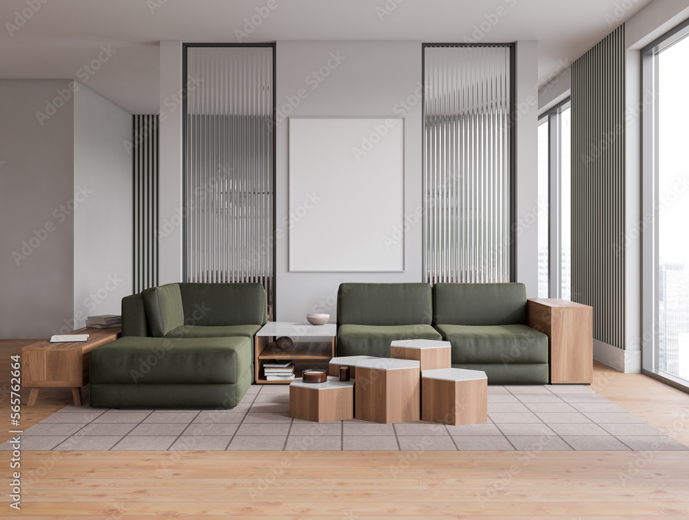 Fototapeta premium Front view on dark studio room interior with empty poster