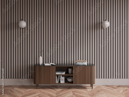 Fototapeta Naklejka Na Ścianę i Meble -  Front view on bright living room interior with striped wall