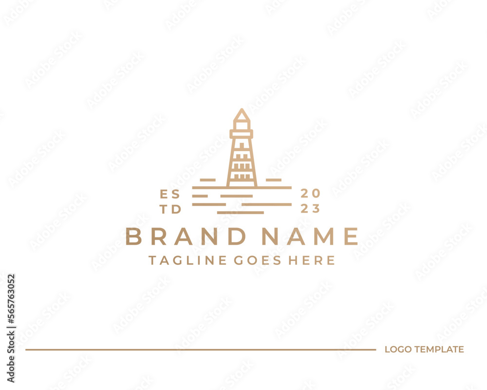 Lighthouse Tower Island with searching light. Simple Line Art logo design inspiration