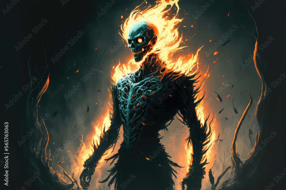 illustration painting of horror character of demon skeleton with fire