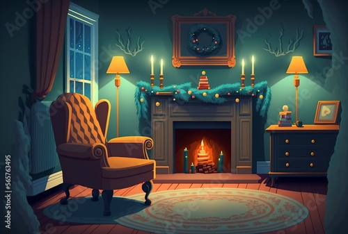 cartoon illustration, living room with fireplace at christmas,generative AI