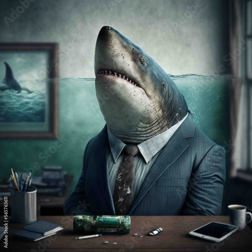 Portrait of shark in a business suit  at the office  generative ai.