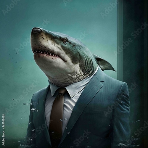 Portrait of shark in a business suit  at the office  generative ai.