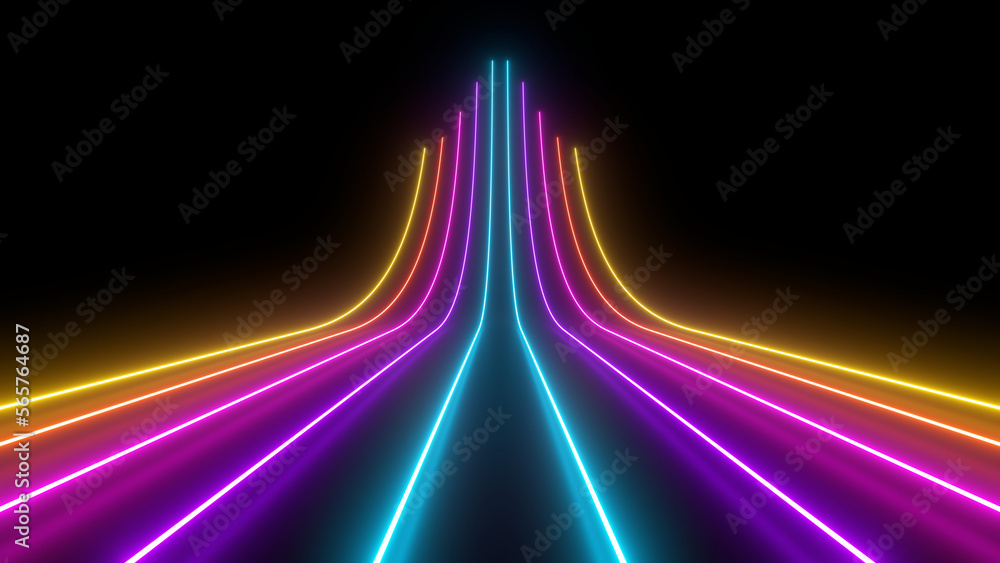 Sci Fy neon glowing wave lines in a dark hall. Reflections on the floor. 3d rendering image. Abstract glowing lines. Techology futuristic background.