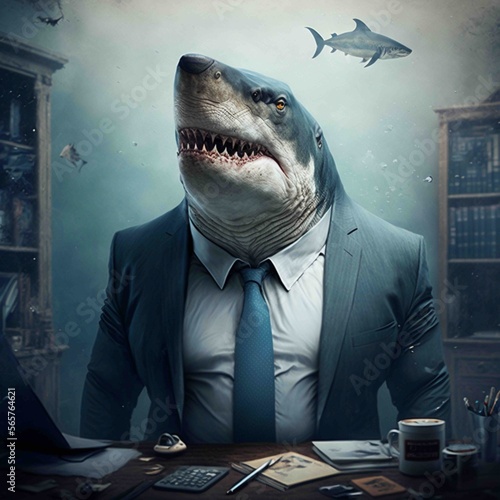 Portrait of shark in a business suit  at the office  generative ai.