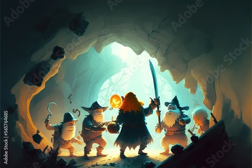Foto Fantasy a group of heroes in a dungeon fighting goblins