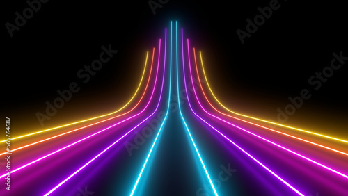 Obraz na płótnie Sci Fy neon glowing wave lines in a dark hall. Reflections on the floor. 3d rendering image. Abstract glowing lines. Techology futuristic background. w salonie