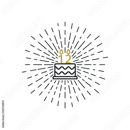 Birthday cake line icon with candle number 12. Vector.
