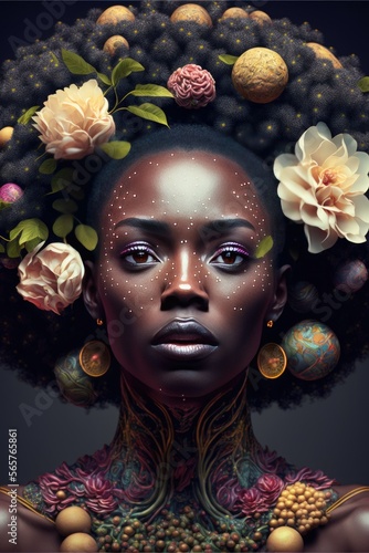 Afrofuturism Portrait of Botanical Black Goddess, AI Generated Illustration of a Nubian Nature Queen Surrounded by Flowers
