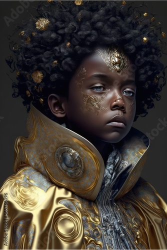 Afrofuturistic Young Boy King, AI Generated Portrait of a   Young Nubian Prince