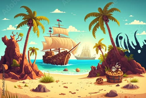 cartoon illustration, pirate ship on a tropical island, generative AI