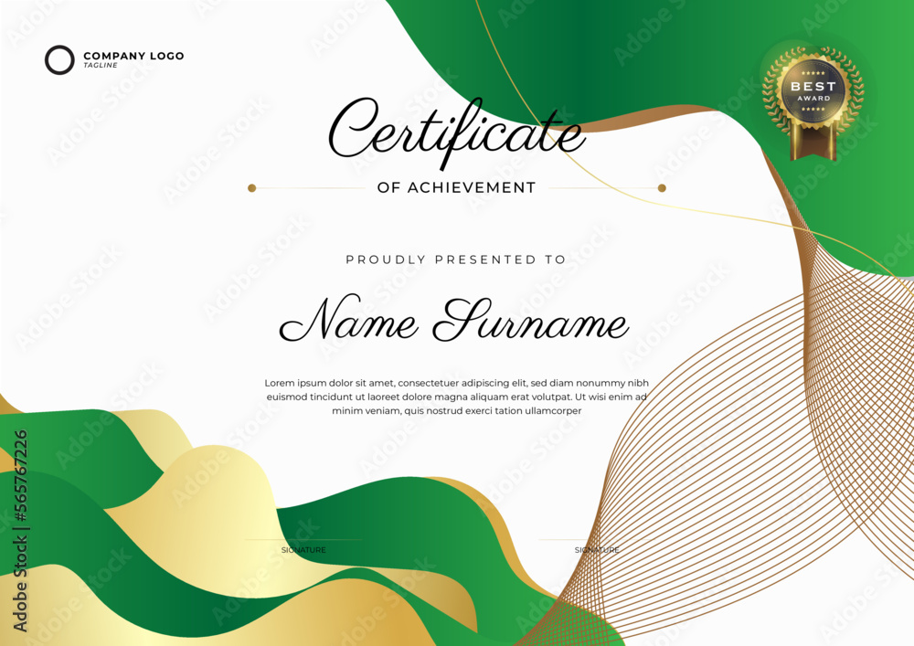Green and Gold Certificate of Achievement template. Background with ...