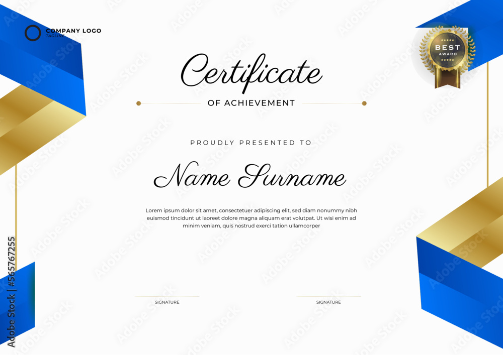 Blue and gold Certificate of Achievement template. Background with gold ...