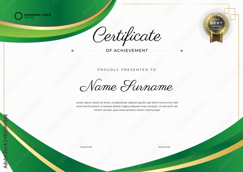 Green and Gold Certificate of Achievement template. Background with ...