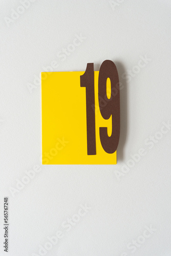 number 19 in brown on a yellow card