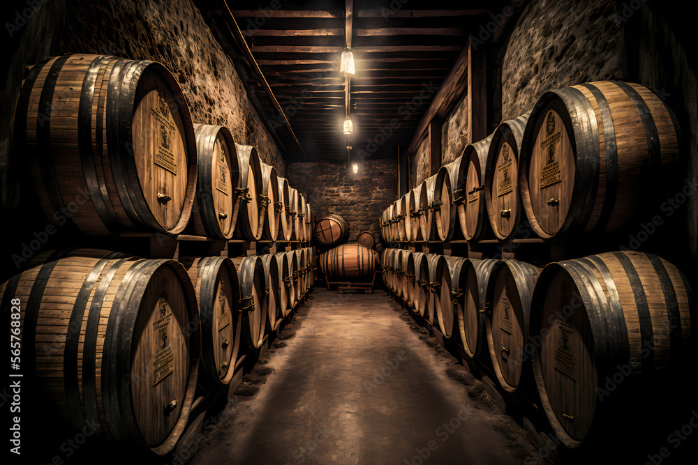 Storage cellar with barrels making wine or whisky bottles. Generation AI