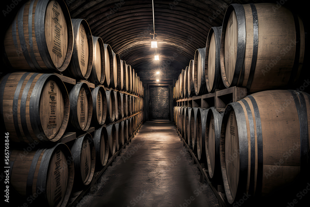 Storage cellar with barrels for wine or whisky bottles. Generation AI