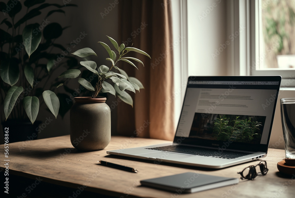 Minimalist Home Office with Wooden Desk and Plant