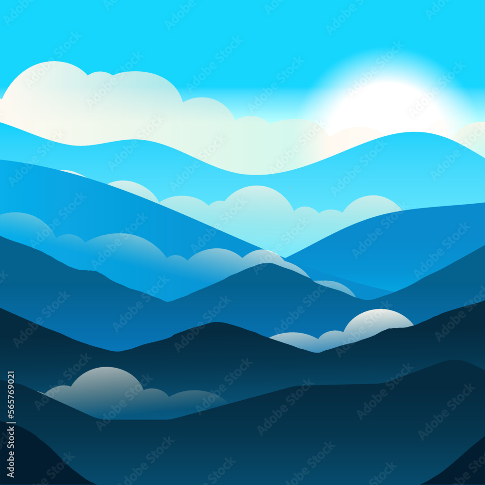 nature background with mountain,awan and sun view. vector. illustration. flat design mountain gradient 