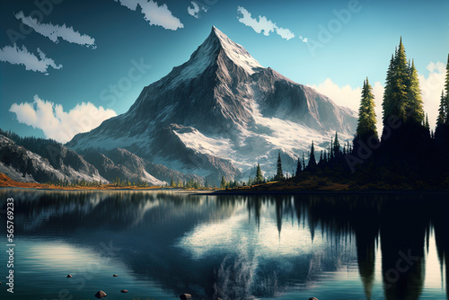 A view of a mountain peak with a lake at its foot  with a clear blue sky  mountain  lake  landscape  water  snow  mountains  sky  nature  winter  reflection  clouds  ice  glacier  alps  travel  new ze