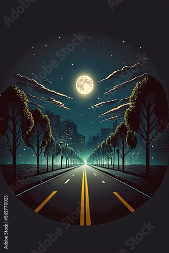 cartoon illustration, city streets at night, generative AI