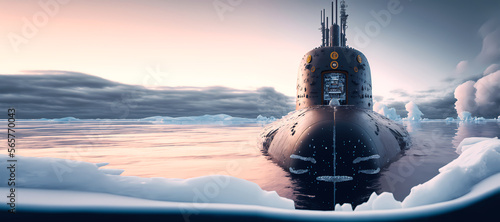 Banner Nuclear military Submarine in north waters of Arctic with aurora light. Generation AI photo