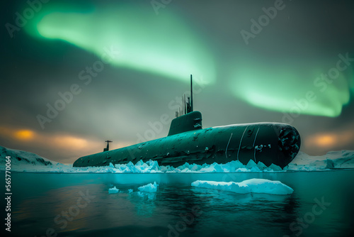 Nuclear Diesel Electric Submarine in waters of Arctic, aurora light. Generation AI