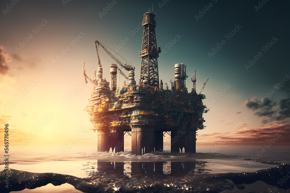 Offshore petroleum platform oil rig and gas at sea water, sunset light. Generation AI