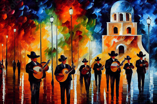 Mexican mariachi on zocalo in the evening performing a song digital illustration, latino street musicians in traditional costumes , Generative AI