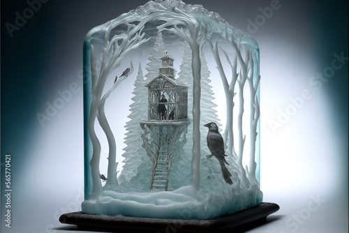 Ice sculptures, statues of cold winter, lighted by led, horizontal landscape of nature and living creatures, man, handmadelike art of frozen landscape, icemirror statues, Generative AI